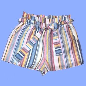 #22~ Hummingbird | Pastel Striped Paper Bag Waist Shorts with Fabric Tie Belt